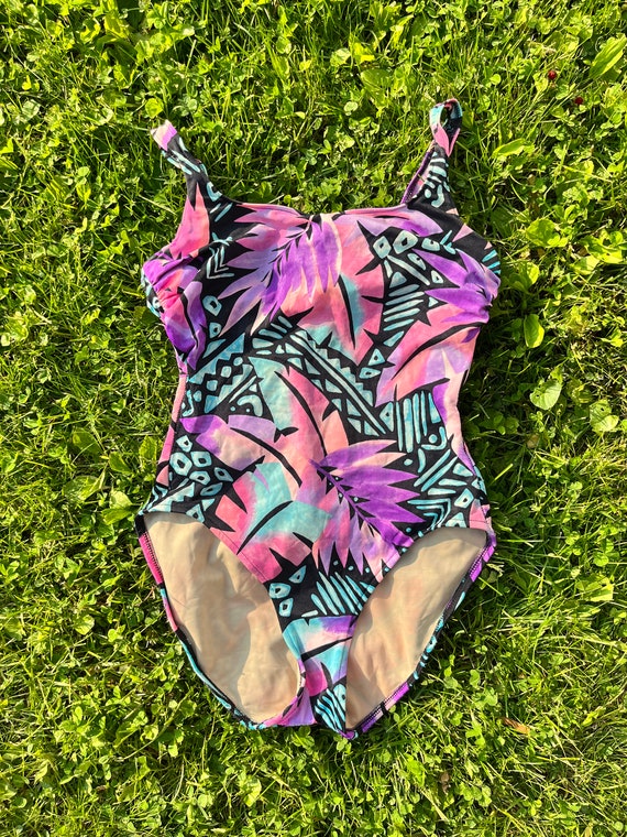 1980s pastel botanical abstract one piece swimsuit