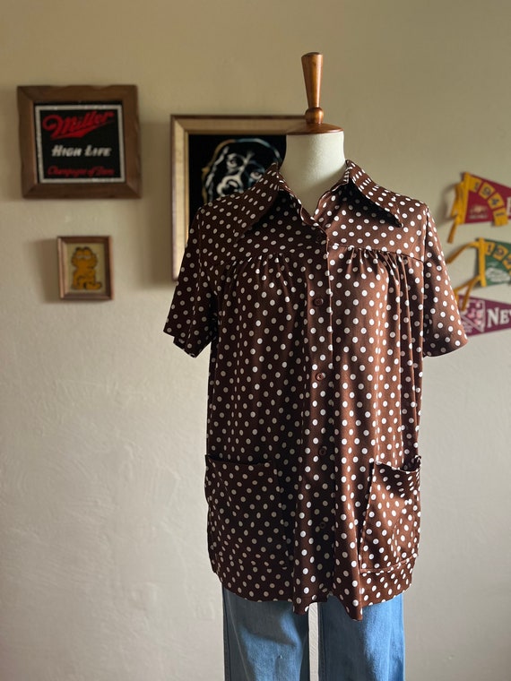 1970s brown and white polkadot smock blouse plus s