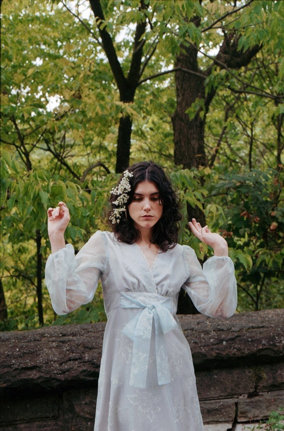 1970s Baby Blue Gunne Sax Style Floral Prairie Gow
