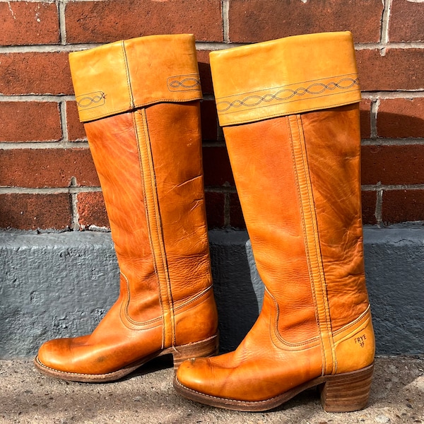 Early 1980s Frye Boots Campus Stitch Roper Round Toe Knee High Leather