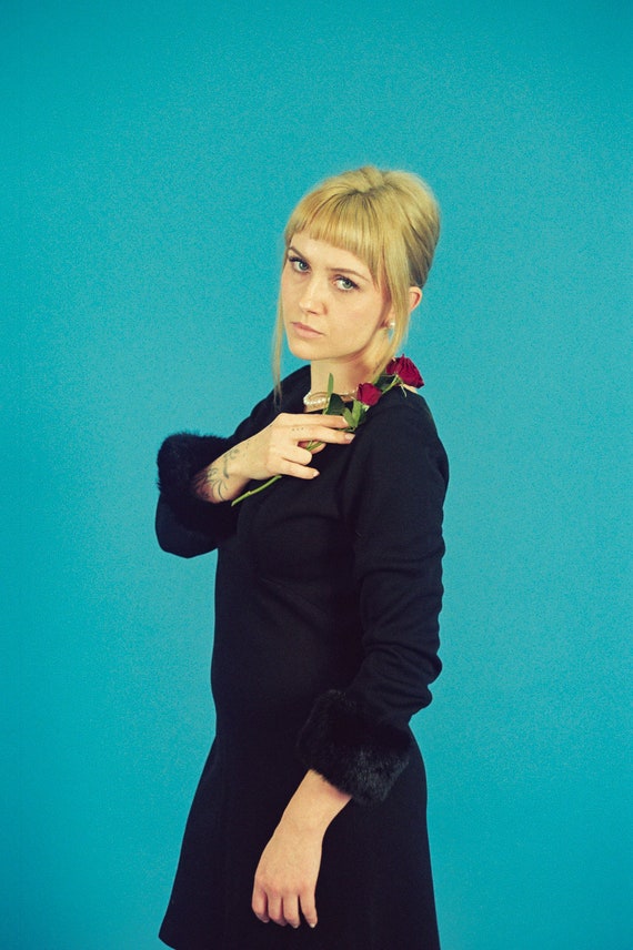 1960s Little Black Faux Fur Trimmed Mini Dress