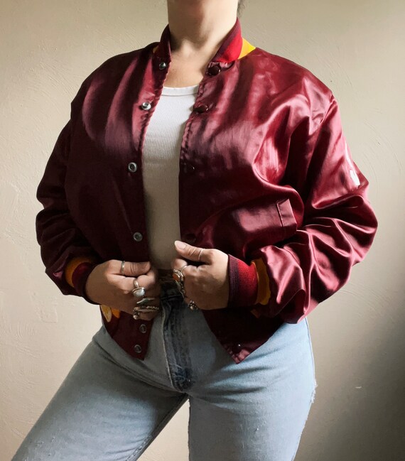 1970s Maroon & yellow satin varsity bomber jacket 