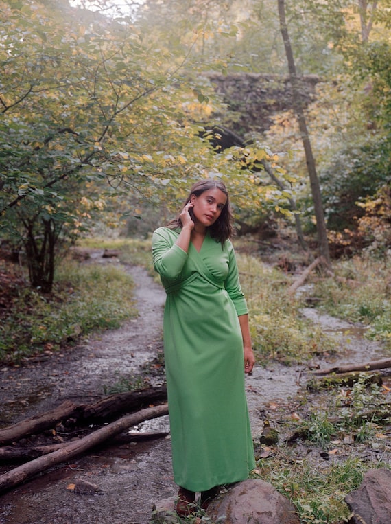 1970s Kelly Green Wrap Maxi | Empire Waist | Gown