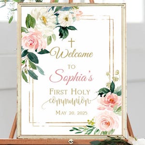 First communion welcome sign, girl first communion, communion decoration, printable sign, blush and gold, floral watercolor, FC05