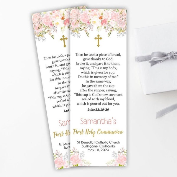 Marque-page Gil First Communion, signets imprimables, cadeaux de communion, aquarelle florale, aquarelle rose blush, modèle modifiable FC18