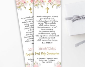 Gil First Holy Communion Bookmark, Printable Bookmarks, Communion favors, Floral watercolor, Blush pink Watercolor, Editable Template FC18