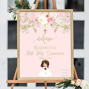 First communion welcome sign girl, 1st communion poster, communion decoration, printable sign, floral blush and gold, custom sign, FC01 zdjęcie 1