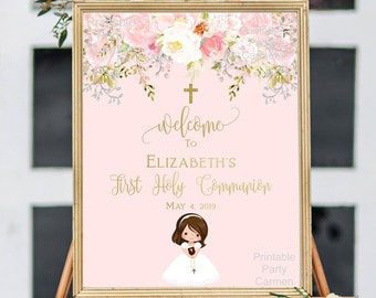 First communion welcome sign girl, 1st communion poster, communion decoration, printable sign, floral blush and gold, custom sign, FC01