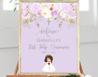 Purple First communion Welcome Sign Girl, 1st Communion Poster, First Holy Communion Girl, Printable sign, Floral Purple and Silver, FC03