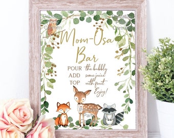 Woodland mimosa bar sign, woodland baby shower, Mom-Osa bar sign, printable sign, gender neutral, woodland decoration