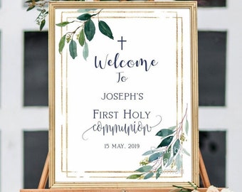 First communion boy welcome sign, 1st communion poster, communion decoration, printable sign, navy and gold