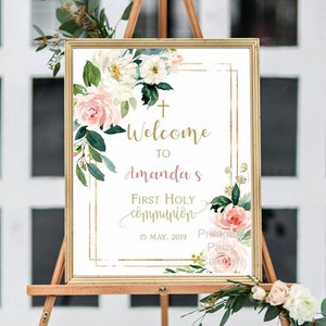 First communion welcome sign, girl first communion, communion decoration, printable sign, blush and gold, floral watercolor, FC05