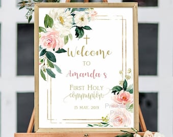 First communion welcome sign, girl first communion, communion decoration, printable sign, blush and gold, floral watercolor, FC05