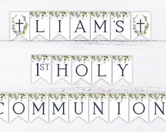 Pode incluir: Faixa branca com folhagem verde e texto azul marinho. A faixa diz "Liam's 1st Holy Communion".