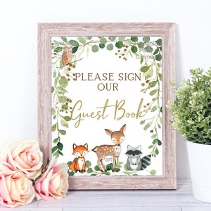 Woodland Guest Book sign baby shower, printable sign, gender neutral, woodland decoration, woodland animals, deer, fox, owl