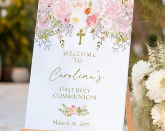 Panneau de bienvenue pour fille de première communion, affiche 1ère communion, décoration de communion, plaque imprimable, croix florale rose poudré et or, FC18