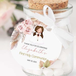 Boho Girl Erstkommunion Favor Tags, Erstkommunion Etiketten, bedruckbare Tags, gleichaltrige Mädchen, Kommunion Aufkleber, bearbeitbar