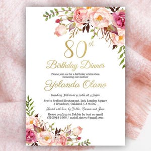 80er Geburtstagseinladung, 80er Geburtstagsessen, Geburtstagskarte für Erwachsene, druckbare Einladung, bearbeitbare Vorlage, Blumenrosa Aquarell