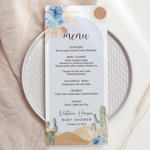Modèle de menu Boy Desert Baby Shower - carte de menu en arc de Boho du sud-ouest, tons bleus floraux et terre, parfait pour les célébrations, modifiable, BS06