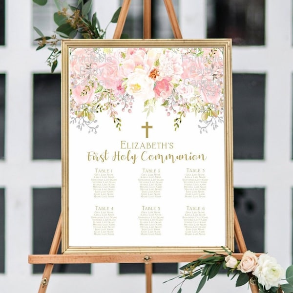 First communion seating chart, girl first communion, personalized seating chart, printable seating plan, blush and gold, FC18