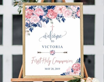 First communion welcome sign girl and boy, communion printable sign, Communion decoration, Floral blush navy