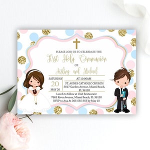 First Holy Communion invitation siblings, communion twins, first communion boy and girl printable invitation, FC09