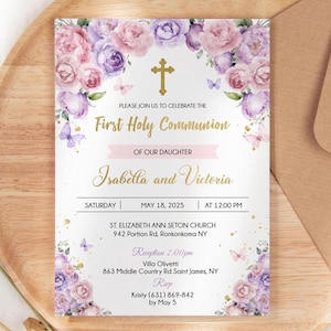 First Holy Communion Invitation, Girl First Holy Communion invitation, Floral Peonies Pink and Lilac, Printable, Editable Template, FC26