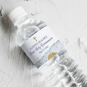 Etiquette pour bouteille d'eau garçon, première communion, étiquette imprimable pour bouteille d'eau, aquarelle bleu ciel et or, étiquette de baptême, modifiable, FC11