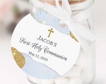 Boy First Communion Favor Tags Editable Template Printable Tags Round Favor Tags Watercolor Sky Blue and Gold FC11