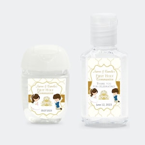 Hand Sanitizer druckbares Etikett, Erstkommunion Junge und Mädchen, Sanitizer Etikett, Kommunion Gefälligkeiten, Zwillinge Kommunion, bearbeitbare Vorlage, FC17