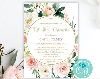 First communion invitation girl, printable invitation, 1st communion, floral blush watercolor, instant download, size 5x7, FC05