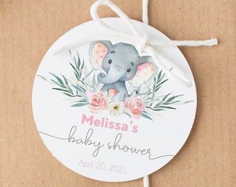 Girl Elephant Baby Shower Favor Tag, Watercolor Blush Elephant Printable Baby Shower Gift Tags, Baby Shower Elephant Labels, Editable