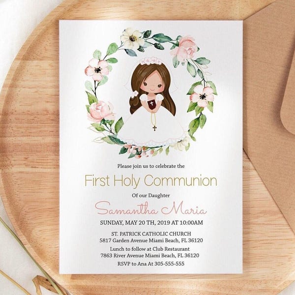 First Holy Communion Card, Girl First Holy Communion invitation, Printable Invitation, Editable Template, Wreath Floral Rose Watercolor FC13