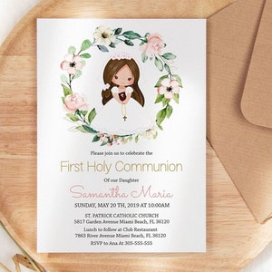 First Holy Communion Card, Girl First Holy Communion invitation, Printable Invitation, Editable Template, Wreath Floral Rose Watercolor FC13