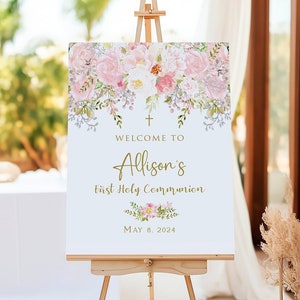 First holy communion welcome sign girl, 1st communion poster, communion decoration, printable sign, blush and gold, floral watercolor FC18