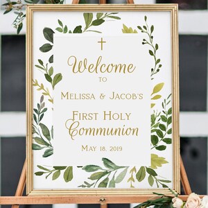 First Holy Communion Welcome Sign for Boy, Girl or Siblings, Printable sign, Elegant Communion Decoration, Greenery Frame, Editable Template