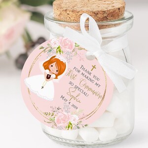 First Communion favor tags girl, Printable Favor Tags, Communion Gift Tags, Editable template, Red Haired Girl, FCFAV003