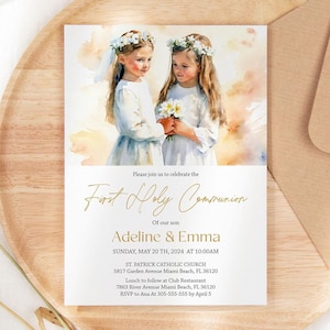 Modèle d'invitation pour la première communion entre filles et sœurs - carte imprimable de jumeaux pour la célébration de la première communion, aquarelle, modifiable FC26