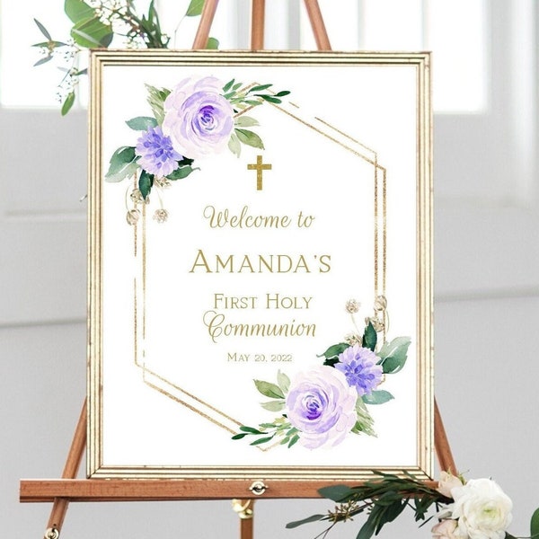 Purple First Communion Welcome Sign, 1st Communion Poster, Communion Decoration, Printable Sign, Floral Lilac and Gold, Custom sign, FC06