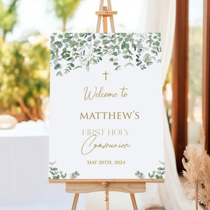 First Communion Welcome Sign Template, 1st communion Poster, Communion decoration, Printable sign, Greenery welcome sign, Eucalyptus