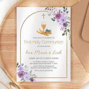 Mädchen erste heilige Kommunion Einladung Vorlage, druckbare Einladung 1st Kommunion, Blumen Rosen lila Aquarell, Kelch, Brot, bearbeitbar