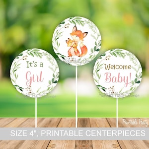 Fox Woodland baby shower centerpieces, girl baby shower decoration, printable centerpieces, Fox animals, mother and baby