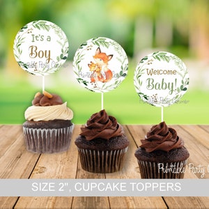 Fox Woodland cupcake toppers, boy baby shower, baby shower decoration, woodland baby shower, printable, woodland animals