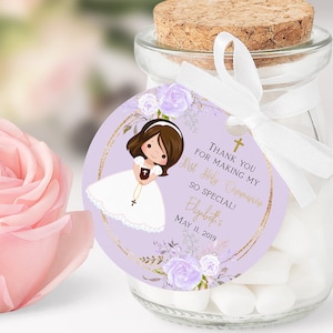 Erste Kommunion Geschenkanhänger Mädchen, personalisierte Geschenkanhänger, druckbare Tags, gleichaltrig Mädchen, dankeschön Kommunion, lila floral, FC03