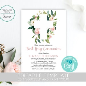 Pode incluir: Um convite imprim&iacute;vel para uma celebra&ccedil;&atilde;o da Primeira Comunh&atilde;o. O convite apresenta uma ilustra&ccedil;&atilde;o em aquarela de uma cruz cercada por flores rosa e brancas. O texto diz "Por favor, junte-se a n&oacute;s para celebrar a Primeira Comunh&atilde;o de nossa filha Elizabeth Johnson".