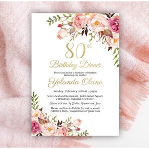 80th Birthday Invitation, 80th Birthday Dinner, Adult Birthday, Printable invitation, Editable template, Floral pink watercolor