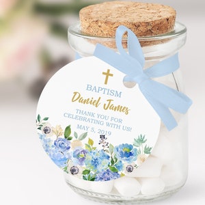 Printable Baptism Boy Favor Tags, Baptism Stickers, Floral Blue ...