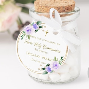 Etiquettes de première communion fille, Merci, communion, étiquettes imprimables, étiquettes de faveur personnalisées, cadre floral doré, lavande, FC06
