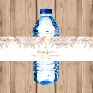 Etiquetas para botellas de agua para niña, primera comunión, etiquetas personalizadas para imprimir, delicadas flores en acuarela rosa ruborizada, etiquetas para bautizo, FC18