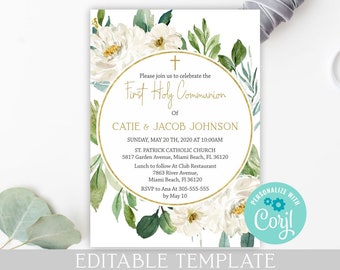 First Holy Communion Invitation, siblings invitation, printable invitation, leaves watercolor, Editable invitation, white & gold